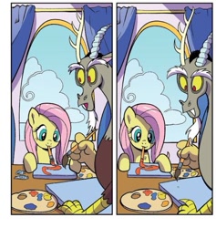 Size: 505x533 | Tagged: safe, artist:pencils, idw, discord, fluttershy, draconequus, pegasus, pony, g4, season 10, spoiler:comic94, cloud, comic, cropped, duo, mouth hold, paint, paintbrush, painting, wholesome, window