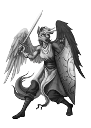 Size: 2480x3508 | Tagged: safe, artist:vitaj, rainbow dash, pegasus, anthro, plantigrade anthro, g4, braid, clothes, coat, fantasy class, female, fighter, gloves, grayscale, high res, mare, monochrome, muscles, myth (bungie), myth: the fallen lords, open mouth, screaming, shield, shoes, simple background, solo, sword, transparent background, warrior, weapon, wings