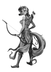 Size: 2480x3508 | Tagged: safe, artist:vitaj, rarity, unicorn, anthro, plantigrade anthro, g4, archer, archery, arrow, bow (weapon), bow and arrow, clothes, coat, dress, evening gloves, female, fingerless elbow gloves, fingerless gloves, fir'bolg, gloves, grayscale, high res, knife, long gloves, mare, monochrome, myth (bungie), myth: the fallen lords, quiver, shoes, simple background, solo, tattoo, transparent background, weapon