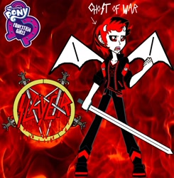 Size: 1984x2024 | Tagged: safe, artist:vicenteortiz99, oc, demon, equestria girls, g4, blood, clothes, crossover, demon horns, demon slayer, demon wings, donut steel, edgy, equestria girls-ified, fire, ghost of war, heavy metal, horns, leather boots, leather jacket, male, pentagram, red and black oc, red eyes, shoes, slayer, solo, sword, thrash metal, weapon, wings