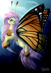 Size: 2894x4093 | Tagged: safe, artist:julunis14, fluttershy, butterfly, hybrid, pony, g4, antennae, butterfly wings, flutterfly, solo, species swap, wings