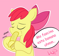 Size: 2569x2441 | Tagged: safe, artist:lup, apple bloom, earth pony, pony, g4, banana, bananabloom, dishonorapple, female, filly, foal, food, herbivore, high res, pink background, simple background, solo, spanish, spanish text, speech bubble