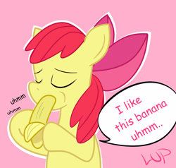 Size: 2569x2441 | Tagged: safe, artist:lup, apple bloom, earth pony, pony, g4, banana, bananabloom, dishonorapple, female, filly, foal, food, herbivore, high res, pink background, simple background, solo, speech bubble