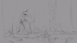 Size: 2555x1440 | Tagged: safe, artist:anticular, princess luna, alicorn, pony, g4, breath, cloak, clothes, female, forest, grayscale, mare, monochrome, sketch, smiling, solo, wip