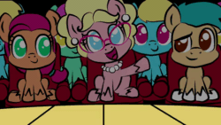 Size: 480x270 | Tagged: dead source, safe, artist:knick knack, hitch trailblazer, phyllis cloverleaf, sunny starscout, earth pony, pony, g4.5, g5, my little pony: a new generation, adoraphyllis, animated, cute, female, g5 to g4.5, happy, i can't believe it's not hasbro studios, loop, male, mare, open mouth, open smile, perfect loop, sitting, smiling, sprout's crabby concert, stallion, tom and jerry, waving, youtube link
