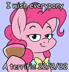 Size: 793x821 | Tagged: safe, artist:moonatik, pinkie pie, earth pony, pony, g4, bowtie, comic sans, female, glass, looking at you, mare, pilk, simple background, solo, text, twosday