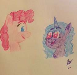 Size: 2048x1993 | Tagged: safe, artist:jesslmc16, izzy moonbow, pinkie pie, earth pony, pony, unicorn, g4, g5, my little pony: a new generation, bust, colored pencil drawing, drawing, duo, female, izzy and her heroine, mare, open mouth, open smile, smiling, traditional art