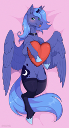 Size: 1800x3324 | Tagged: safe, artist:shchavel, princess luna, alicorn, pony, g4, clothes, commission, female, heart, holiday, lying down, on back, s1 luna, slender, socks, solo, sternocleidomastoid, thighs, thin, thunder thighs, tongue out, valentine, valentine's day