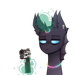 Size: 768x768 | Tagged: safe, artist:eggguy, oc, oc only, oc:trill, changeling, changeling oc, gun, simple background, solo, transparent background, weapon