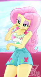 Size: 1252x2360 | Tagged: safe, artist:theretroart88, fluttershy, equestria girls, equestria girls series, g4, my little pony equestria girls: spring breakdown, spoiler:eqg series (season 2), adorasexy, bare shoulders, breasts, busty fluttershy, cleavage, clothes, cute, female, food, lidded eyes, popsicle, sexy, shorts, shyabetes, sleeveless, solo, stupid sexy fluttershy, watermark