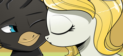 Size: 744x339 | Tagged: safe, artist:candyclumsy, earth pony, griffon, pony, comic:revolution of harmony, cropped, female, interspecies, kissing, mare
