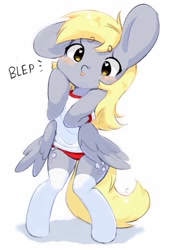 Size: 693x1023 | Tagged: safe, artist:bubbletea, derpy hooves, pegasus, semi-anthro, g4, :p, arm hooves, beanbrows, buruma, clothes, cute, derp, derpabetes, eyebrows, gym uniform, one ear down, simple background, socks, solo, sports panties, stockings, thigh highs, thighs, tongue out, white background