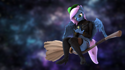 Size: 3840x2160 | Tagged: safe, artist:dangerousdpad, oc, oc:green screen, oc:sophie lockes, pegasus, pony, anthro, 3d, anthro oc, anthro with ponies, broom, cute, duo, duo female, female, flying, flying broomstick, hat, high res, in goliath's palm, micro, pegasus oc, size difference, source filmmaker, tiny, tiny ponies, witch, witch hat