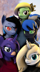 Size: 2160x3840 | Tagged: safe, artist:dangerousdpad, oc, oc only, oc:empathy, oc:green screen, oc:kor dust, oc:midnight grave, oc:onyxia, alicorn, bat pony, pegasus, anthro, 3d, bat pony oc, female, group, high res, pegasus oc, source filmmaker