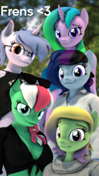 Size: 2160x3840 | Tagged: safe, artist:dangerousdpad, oc, oc only, oc:fiona mahri, oc:green screen, oc:maple cake, oc:pepper, oc:steamy, pegasus, unicorn, anthro, 3d, anthro oc, clothes, group, high res, pegasus oc, source filmmaker