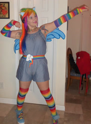 Size: 2094x2864 | Tagged: safe, artist:drowninginrice, rainbow dash, human, g4, 2012, armpits, clothes, cosplay, costume, high res, irl, irl human, multicolored hair, photo, rainbow hair, rainbow socks, socks, solo, striped socks