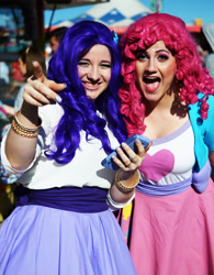 Size: 2161x2775 | Tagged: safe, artist:destructivedoll, artist:sarahndipity cosplay, pinkie pie, rarity, human, equestria girls, g4, 2017, clothes, cosplay, costume, high res, irl, irl human, open mouth, photo, pointing