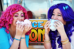 Size: 3005x1996 | Tagged: safe, artist:destructivedoll, artist:sarahndipity cosplay, pinkie pie, rarity, human, equestria girls, g4, 2017, clothes, cosplay, costume, cotton candy, duo, irl, irl human, photo
