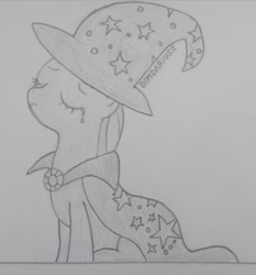 Size: 2400x2570 | Tagged: safe, artist:dimdariusz, trixie, earth pony, pony, g4, cape, clothes, crying, earth pony trixie, eyebrows, eyes closed, female, grayscale, hat, high res, mare, monochrome, pencil drawing, photo, race swap, sad, signature, simple background, sitting, solo, traditional art, trixie's cape, trixie's hat