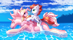 Size: 3840x2110 | Tagged: safe, alternate version, artist:airiniblock, oc, oc only, oc:bay breeze, oc:swift apex, pegasus, pony, rcf community, bow, chest fluff, commission, duo, ear fluff, featureless crotch, female, hair bow, high res, inflatable, inflatable toy, male, mare, ocean, pegasus oc, pool toy, spring lily, stallion, water, wings