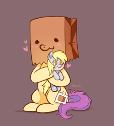 Size: 1524x1687 | Tagged: safe, artist:mn27, artist:paperbagpony, color edit, edit, derpy hooves, oc, oc:paper bag, pony, g4, blushing, colored, cute, face on a bag, fake cutie mark, female, heart, mare, ocbetes, paper bag, plush derpy, plushie, pony plushie