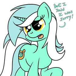 Size: 2000x2000 | Tagged: safe, artist:dafiltafish, lyra heartstrings, pony, unicorn, g4, apologetic, apology, dialogue, female, high res, horn, mare, open mouth, simple background, solo, tail, text, two toned mane, two toned tail, white background