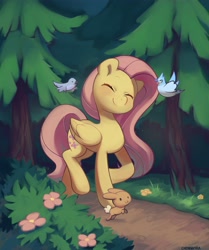 Size: 3429x4096 | Tagged: safe, artist:cherrnichka, fluttershy, bird, blue jay, pegasus, pony, rabbit, g4, animal, bush, cute, eyes closed, female, fir tree, flower, folded wings, forest, happy, high res, mare, outdoors, path, shyabetes, smiling, solo, tree, walking, wings