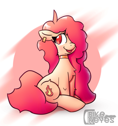 Size: 3198x3415 | Tagged: safe, artist:bike_keyes, oc, oc only, earth pony, pony, :p, abstract background, blushing, chest fluff, collar, colored pupils, cute, ear piercing, earring, eyelashes, female, fire, floppy ears, hair over one eye, high res, jewelry, long hair, long mane, looking up, mare, piercing, pony oc, red eyes, red hair, sitting, smiling, solo, tongue out