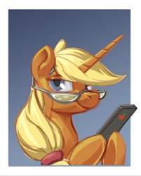 Size: 779x967 | Tagged: safe, artist:applepost67, applejack, alicorn, pony, g4, alicornified, applecorn, border, bust, cellphone, female, glasses, gradient background, hoof hold, iphone, looking at you, mare, passepartout, phone, race swap, smartphone, smiling, smiling at you, solo