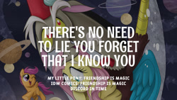 Size: 1280x720 | Tagged: safe, edit, editor:quoterific, idw, discord, fluttershy, scootaloo, draconequus, pegasus, pony, g4, discord in time, female, filly, floppy ears, foal, male, mare, open mouth, open smile, smiling, text, trio
