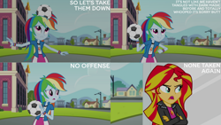 Size: 1280x720 | Tagged: safe, edit, edited screencap, editor:quoterific, screencap, rainbow dash, sunset shimmer, equestria girls, g4, my little pony equestria girls: rainbow rocks, canterlot high, clothes, crossed arms, cutie mark on clothes, duo, duo female, female, football, jacket, leather, leather jacket, open mouth, smiling, sports, statue