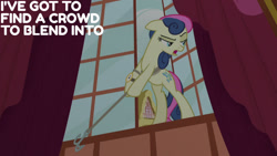 Size: 1280x720 | Tagged: safe, edit, edited screencap, editor:quoterific, screencap, bon bon, sweetie drops, earth pony, pony, g4, season 5, slice of life (episode), bipedal, female, floppy ears, mare, open mouth, ponyville town hall, secret agent sweetie drops, solo