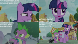 Size: 1280x720 | Tagged: safe, edit, edited screencap, editor:quoterific, screencap, spike, twilight sparkle, alicorn, dragon, pony, g4, season 5, the cutie re-mark, backpack, bag, duo, female, floppy ears, male, mare, open mouth, saddle bag, twilight sparkle (alicorn)