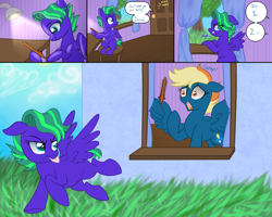 Size: 5000x4000 | Tagged: safe, artist:kaikururu, oc, oc only, pegasus, pony, absurd resolution, comic, curtains, dialogue, ears back, eye clipping through hair, female, frown, grass, gritted teeth, hoof hold, hooves, lamp, looking at something, looking back, mare, onomatopoeia, open mouth, pegasus oc, raised hoof, short tail, sitting, smiling, speech bubble, spread wings, tail, tongue out, two toned mane, wing hands, wings