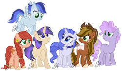 Size: 1280x749 | Tagged: safe, artist:stellaartist13, oc, oc only, oc:ambrosia blossom, oc:andomed shine, oc:candy floss, oc:cortland roots, oc:moonstone glow, oc:tropic rain, earth pony, pegasus, pony, unicorn, appaloosa, base used, braid, choker, coat markings, cowboy hat, earth pony oc, female, flower, flying, folded wings, freckles, hat, hoof on chest, horn, looking up, mare, next generation, offspring, outline, parent:applejack, parent:big macintosh, parent:comet tail, parent:fancypants, parent:fluttershy, parent:pinkie pie, parent:pokey pierce, parent:rainbow dash, parent:rarity, parent:soarin', parent:trouble shoes, parent:twilight sparkle, parents:cometlight, parents:fluttermac, parents:pokeypie, parents:raripants, parents:soarindash, parents:troublejack, pegasus oc, signature, simple background, smiling, spread wings, standing, transparent background, unicorn oc, unshorn fetlocks, watermark, white outline, wings