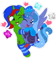 Size: 5000x5208 | Tagged: safe, artist:jhayarr23, oc, oc only, oc:christian clefnote, oc:lulu star moonie, alicorn, pony, unicorn, alicorn oc, bow, clothes, commission, female, flower, hearts and hooves day, holiday, horn, leg warmers, looking at each other, looking at someone, male, mare, not luna, oc x oc, one eye closed, open mouth, open smile, rose, shipping, simple background, smiling, socks, stallion, striped socks, transparent background, unicorn oc, valentine's day, wings, ych result