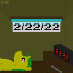 Size: 512x512 | Tagged: safe, artist:valuable ashes, oc, oc:technical writings, pony, unicorn, banner, desk, digital clock, existential crisis, lying down, lying on the floor, neon, pixel art, solo, story included, twosday