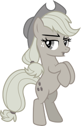 Size: 3000x4700 | Tagged: safe, artist:cloudy glow, applejack, earth pony, pony, g4, the return of harmony, .ai available, :o, applejack's hat, bipedal, cowboy hat, discorded, female, freckles, full body, hat, high res, hooves, liarjack, lidded eyes, mare, o mouth, open mouth, simple background, solo, standing, transparent background, vector