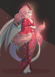 Size: 990x1402 | Tagged: safe, artist:bakki, oc, alicorn, kirin, anthro, unguligrade anthro, fanfic:questionable ethics, abstract background, anthro oc, breasts, cleavage, clothes, fanfic art, kimono (clothing), kirin oc, looking at you