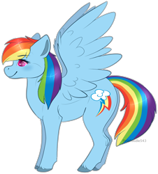 Size: 1296x1434 | Tagged: safe, artist:pinky-poodle, rainbow dash, pegasus, pony, g4, backwards cutie mark, eyebrows, eyebrows visible through hair, female, full body, hooves, mare, side view, signature, simple background, smiling, solo, spread wings, standing, tail, transparent background, unshorn fetlocks, wings