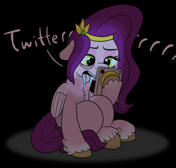 Size: 1831x1744 | Tagged: safe, artist:doodledonutart, pipp petals, pegasus, pony, g5, my little pony: a new generation, addiction, bags under eyes, dark background, female, mare, meta, phone, solo, twitter