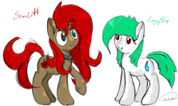 Size: 1315x786 | Tagged: safe, artist:igorbanette, oc, oc only, oc:lazy drop, earth pony, pony, unicorn, duo, earth pony oc, grin, hooves, horn, raised hoof, signature, simple background, smiling, standing, tail, unicorn oc, white background