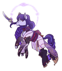 Size: 2800x3200 | Tagged: safe, artist:monnarcha, pony, clothes, genshin impact, gloves, high res, long gloves, mouth hold, naginata, ponified, raiden shogun (genshin impact), sandals, simple background, solo, stockings, thigh highs, transparent background, weapon, zori