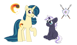 Size: 5000x2910 | Tagged: safe, artist:queenderpyturtle, oc, oc only, pony, unicorn, colt, duo, ear fluff, female, foal, full body, high res, hooves, horn, male, mare, raised hoof, simple background, sitting, smiling, standing, tail, transparent background, two toned mane, two toned tail, unicorn oc