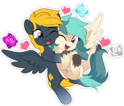 Size: 5866x5000 | Tagged: safe, artist:jhayarr23, oc, oc only, oc:osteen, oc:peacher, pegasus, pony, commission, flower, happy, heart, hug, looking at each other, looking at someone, love, open mouth, peachsteen, pegasus oc, spread wings, wings, ych result