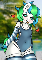 Size: 496x702 | Tagged: safe, artist:anykoe, oc, oc:ticker gale, earth pony, semi-anthro, arm hooves, clothes, cute, heart eyes, one-piece swimsuit, socks, solo, striped socks, swimsuit, tongue out, wingding eyes