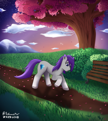 Size: 1305x1454 | Tagged: safe, artist:autumnsfur, oc, oc only, oc:glitter stone, earth pony, insect, ladybug, pony, g5, my little pony: a new generation, bench, blue eyes, bush, cloud, dawn, detailed background, diamond, eyebrows, female, grass, gray coat, grey fur, leaves, mare, mountain, nature, orange sky, outdoors, path, purple mane, shadow, signature, sky, solo, stars, sunset, trail, tree, trotting, watermark