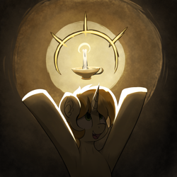 Size: 2524x2524 | Tagged: safe, artist:czu, oc, oc only, oc:tallow wick, pony, unicorn, backlighting, bust, candle, darkest dungeon, darkness, ear fluff, high res, hooves up, horn, light, looking up, open mouth, solo, the legend of zelda, unicorn oc, video game reference