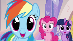 Size: 1280x720 | Tagged: safe, screencap, pinkie pie, rainbow dash, twilight sparkle, earth pony, pegasus, pony, unicorn, g4, games ponies play, season 3, cute, dashabetes, dilated pupils, excited, female, looking at something, looking at you, mare, reaction image, trio, trio female, unicorn twilight