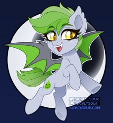 Size: 894x980 | Tagged: safe, artist:sickly-sour, oc, oc only, bat pony, pony, fangs, flying, moon, solo, spread wings, wings